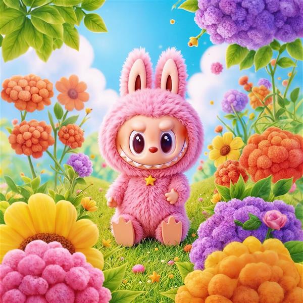 تصویر لبوبو صورتی پشمالو در باغ گل‌های شاد و رنگارنگ برای اتاق کودک