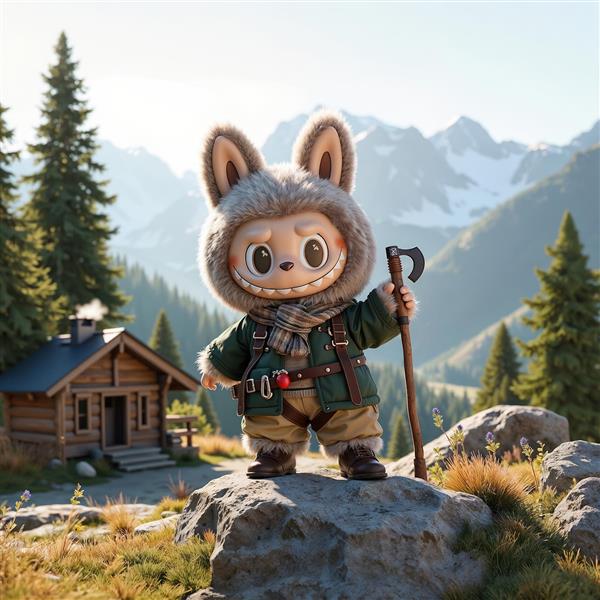 عکس لبوبو با کلاه شکاری در کوهستان برای تابلو دکوراتیو ماجراجویانه