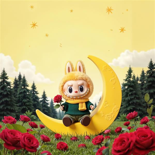 طرح لبوبو روی ماه زرد در چمنزار پرگل برای پوستر دکوراتیو عاشقانه