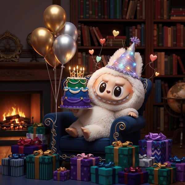 تصویر لبوبو در حال جشن تولد با کیک و هدیه برای پوستر اتاق کودک