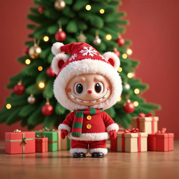 عکس لبوبو با لباس بابا نوئل کنار درخت کریسمس برای پرده و روتختی