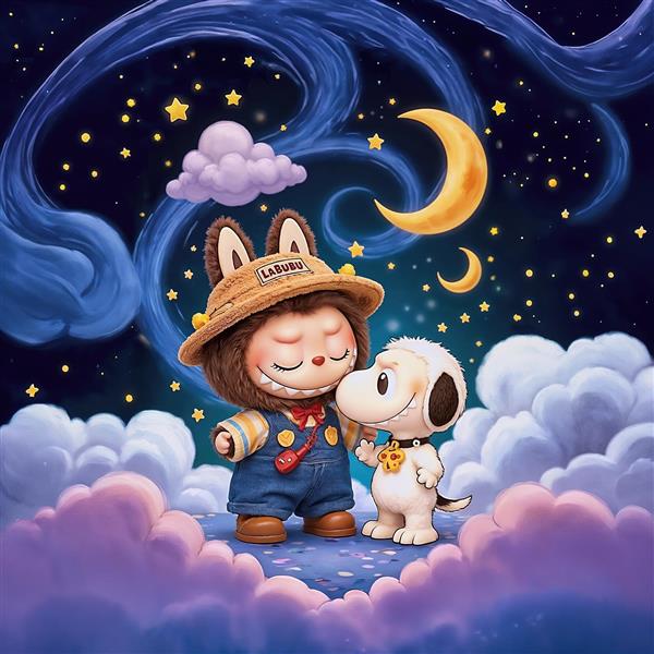 طرح لبوبو و اسنوپی فانتزی روی ابرها زیر ماه برای پوستر اتاق کودک