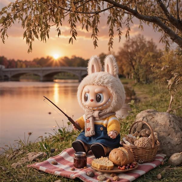 تصویر لبوبو با لباس پشمی در حال ماهیگیری کنار رودخانه برای تابلو پاییزی