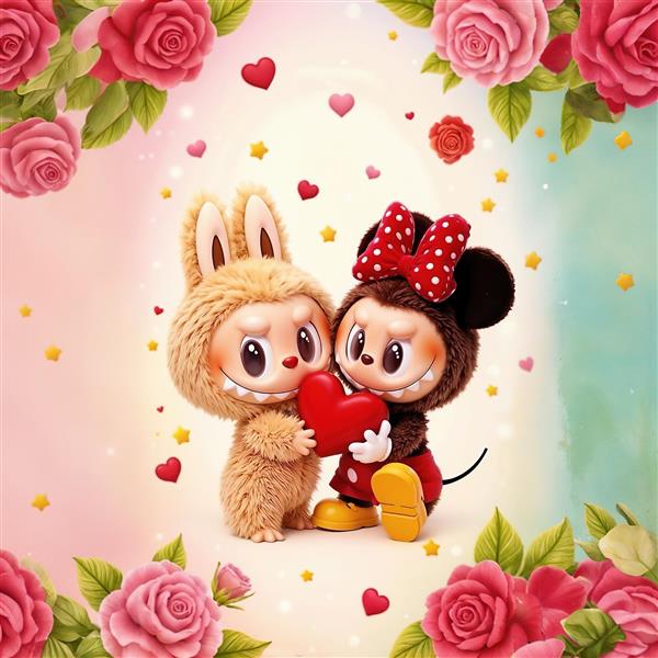 عکس لبوبو با لباس مینی موس در کادر قلب و گل برای پوستر روز عشق
