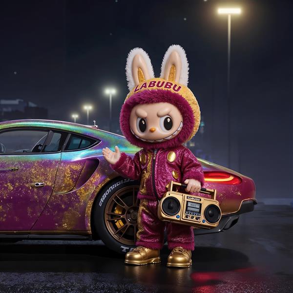 عکس لبوبو فانتزی با ماشین اسپرت طلایی برای پوستر دیواری لاکچری