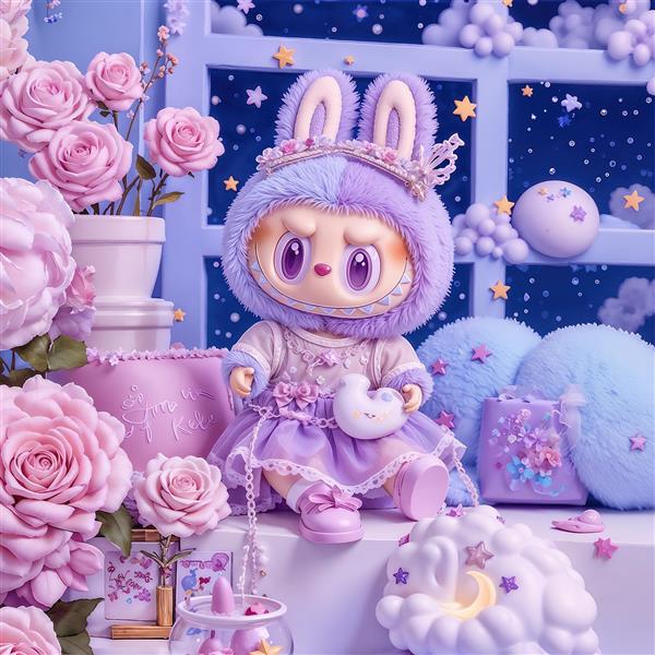 طرح لبوبو فانتزی بنفش در اتاق پرنسسی با گل‌های صورتی برای روتختی