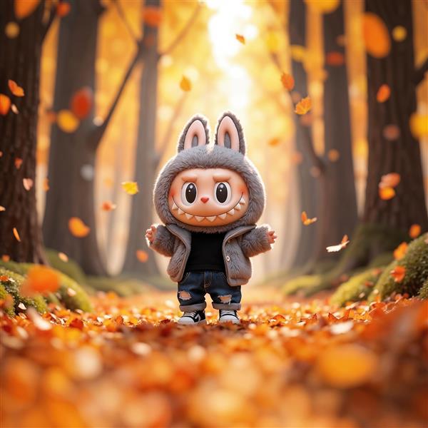 عکس لبوبو کارتونی در جنگل پاییزی با برگ‌های نارنجی برای چاپ روی روتختی