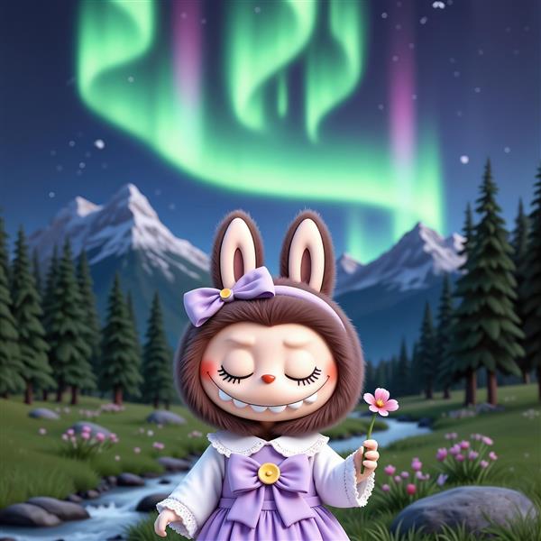 تصویر لبوبو فانتزی زیر شفق قطبی در کوهستان برای تابلو دکوراتیو خاص