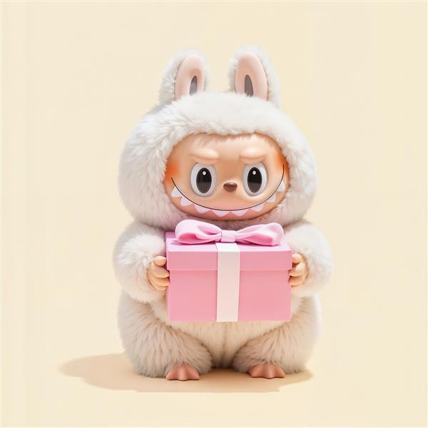 عکس لبوبو پشمالو سفید با کادوی صورتی برای پوستر دکوراتیو اتاق دخترانه