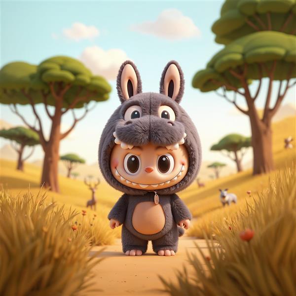 تصویر لبوبو با لباس اسب آبی در دشت زرد برای تابلو دکوراتیو کودکانه