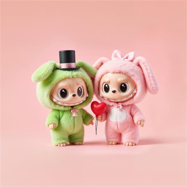 طرح لبوبو زوج صورتی و سبز با قلب قرمز برای چاپ روی ماگ و کوسن ولنتاین