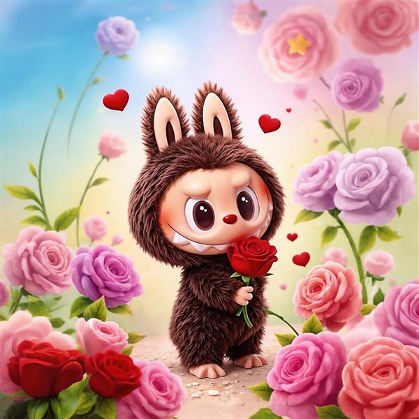 تصویر لبوبو عاشقانه با گل رز قرمز در باغ پر گل برای دکوراسیون بهاری