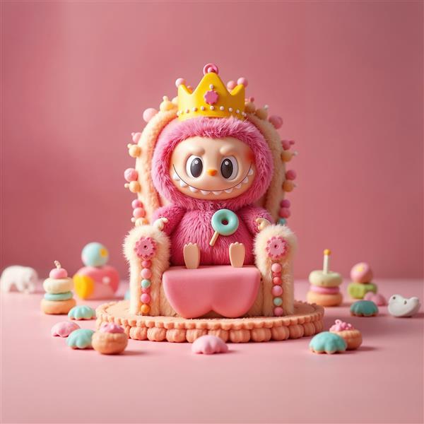 عکس لبوبو ملکه آبنبات صورتی بر تخت شیرینی برای دکوراسیون فانتزی کودک