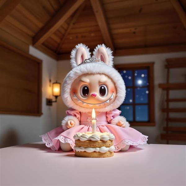 تصویر لبوبو شاهزاده با کیک تولد شمع‌دار برای روتختی و دکوراسیون اتاق خواب