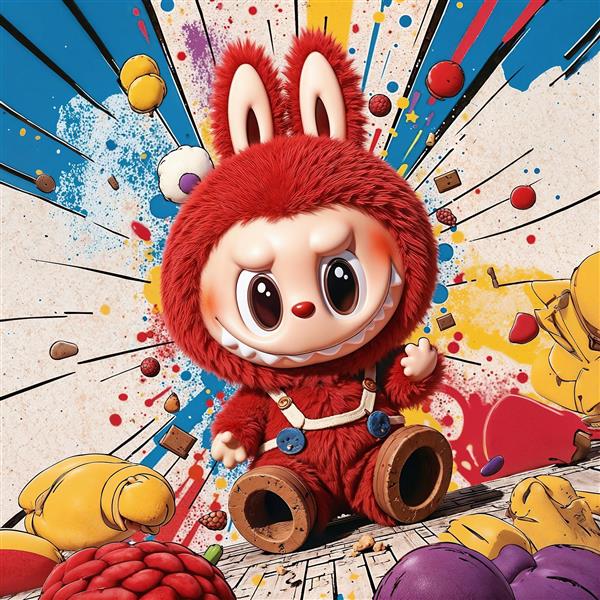 طرح لبوبو قرمز در حال جشن با انفجار رنگ و شکلات برای پوستر اتاق بازی