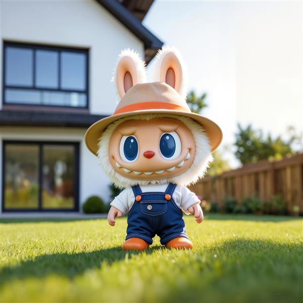 عکس لبوبو کشاورز با کلاه حصیری در چمن‌زار جلوی خانه برای تابلو دکوراتیو