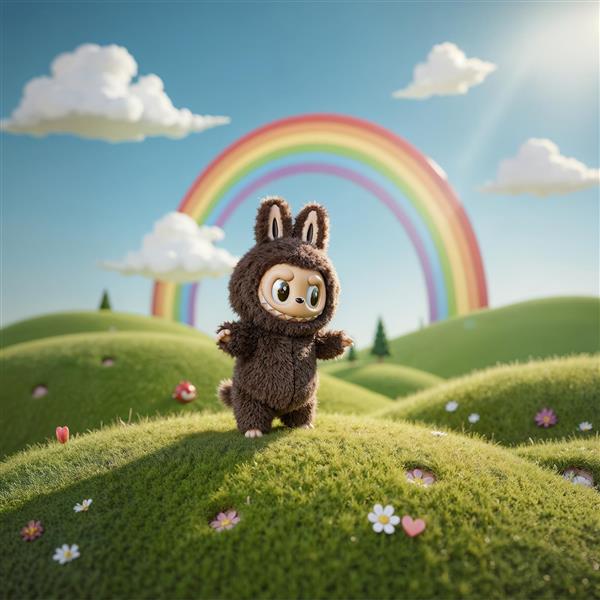 طرح لبوبو پشمالو در تپه سبز با رنگین‌کمان برای چاپ روی محصولات کودکانه