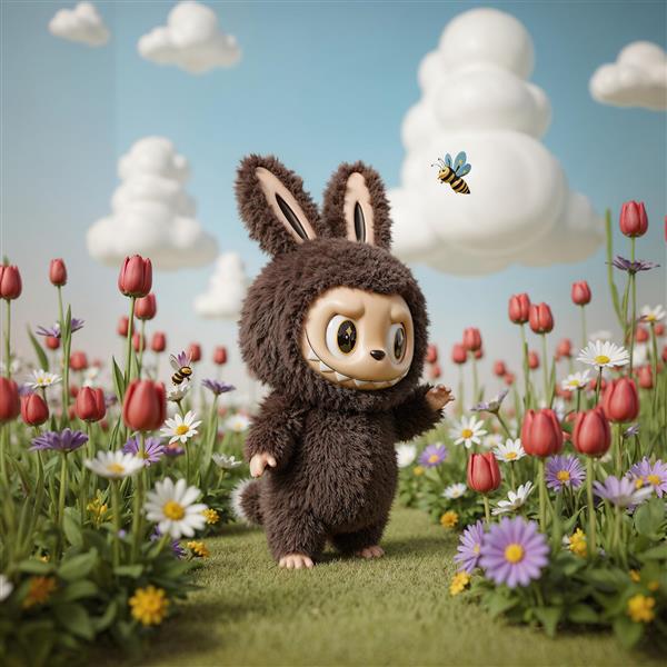 عکس لبوبو قهوه‌ای پشمالو در مزرعه گل‌های لاله بهاری برای پوستر طبیعت