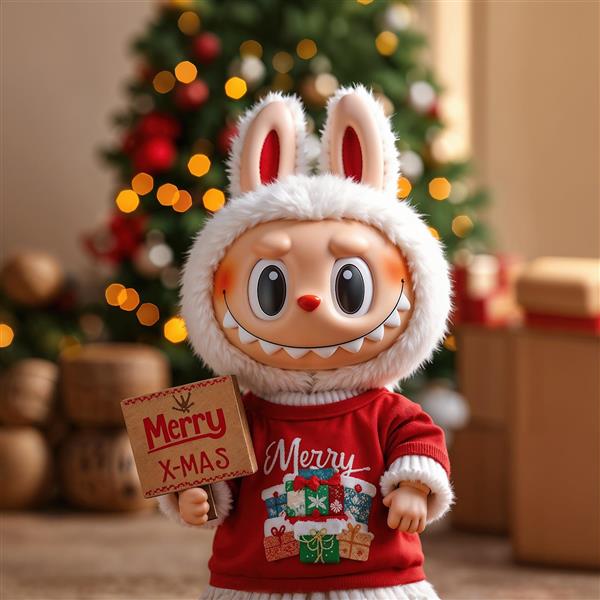 طرح لبوبو با لباس قرمز کریسمس جلوی درخت تزیین شده برای دکور زمستان