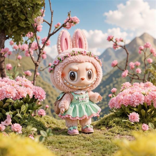 عکس لبوبو با لباس صورتی بهاری در طبیعت شکوفه‌دار برای پرده و روتختی