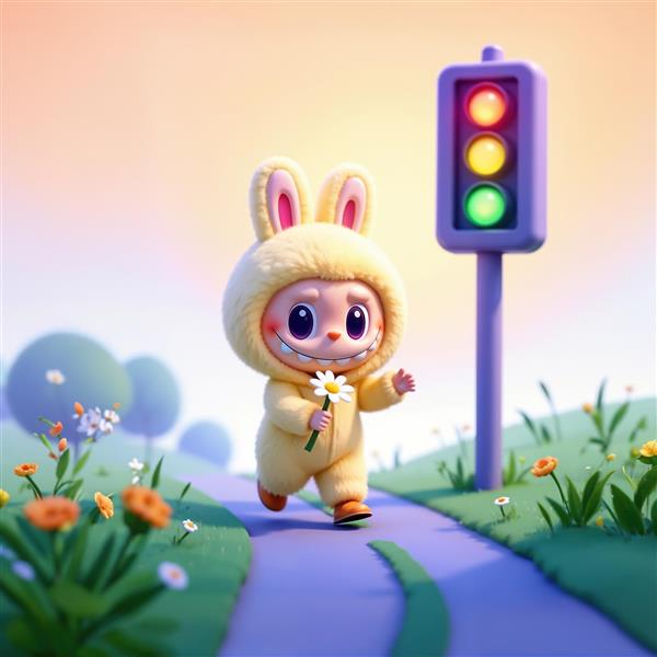 طرح لبوبو زرد کارتونی در مسیر پارک با چراغ راهنمایی برای اتاق کودک