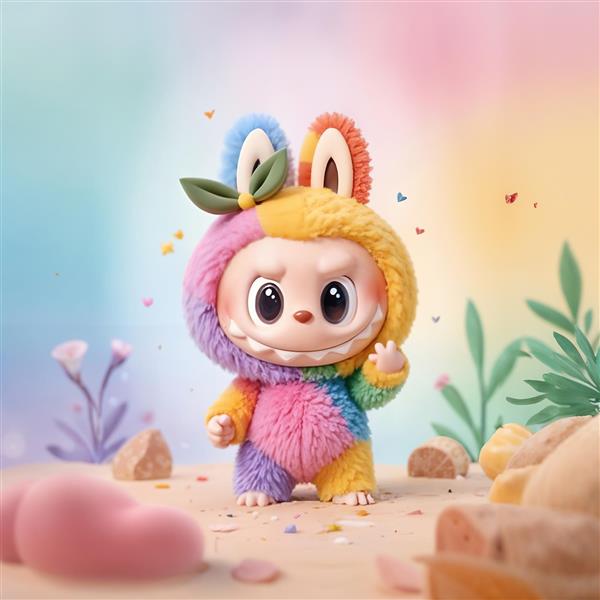 طرح لبوبو رنگین‌کمانی با برگ‌های سبز در طبیعت برای دکوراسیون اتاق کودک