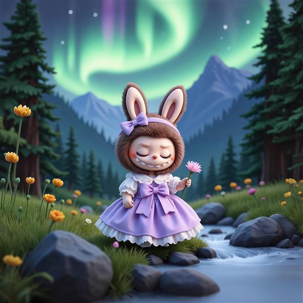 طرح لبوبو فانتزی با لباس بنفش و شفق قطبی برای تابلو دکوراتیو طبیعت