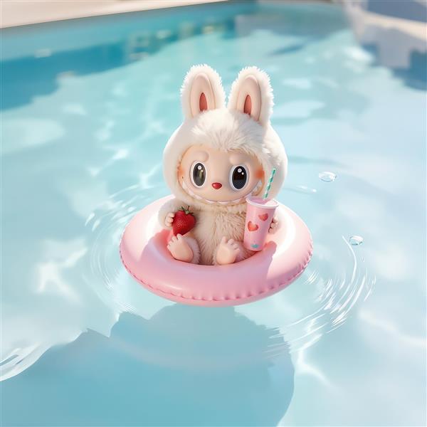 عکس لبوبو سفید در استخر با توت‌فرنگی و نوشیدنی برای پرده حمام