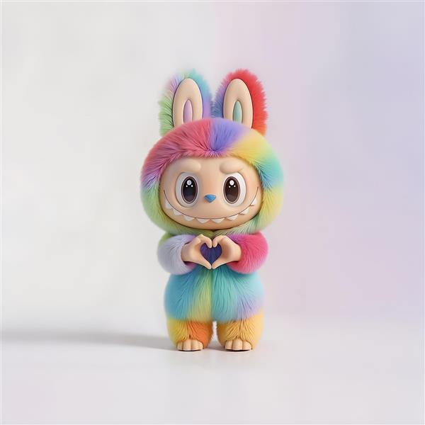 طرح لبوبو رنگین‌کمانی پشمالو با ژست قلب برای پوستر دیواری شاد