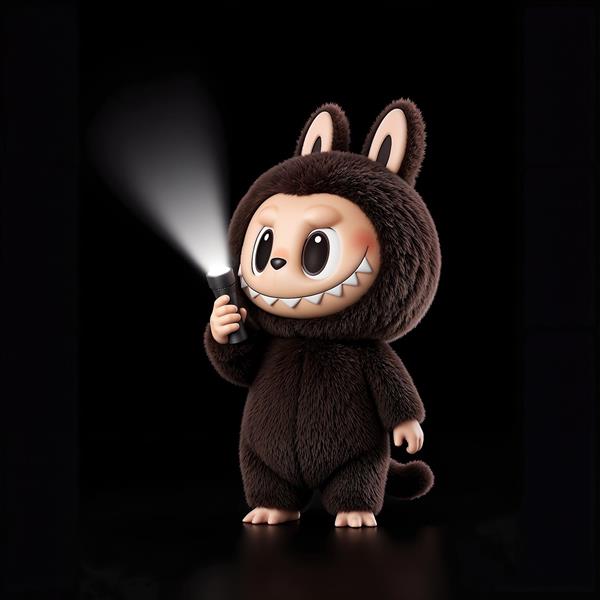 طرح مینیمال لبوبو قهوه‌ای با چراغ‌قوه در تاریکی برای پوستر دیواری سیاه