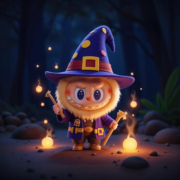 تصویر لبوبو جادوگر بنفش در جنگل مرموز برای تابلو با تم هالووین