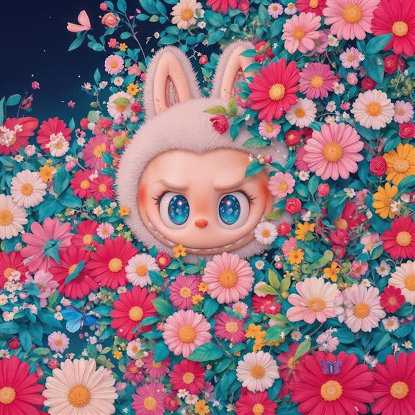 طرح لبوبو سفید پنهان در انبوه گل‌های بهاری فانتزی برای روتختی