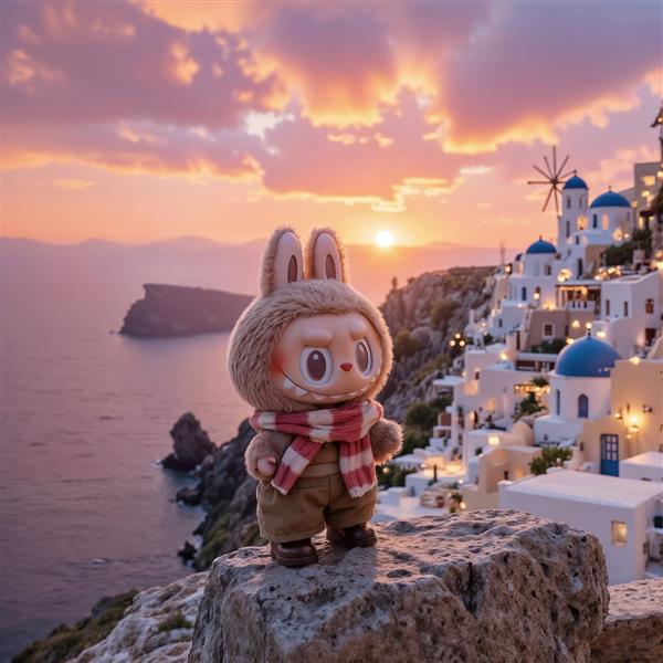 طرح لبوبو توریست با شال‌گردن در منظره سانتورینی هنگام غروب آفتاب