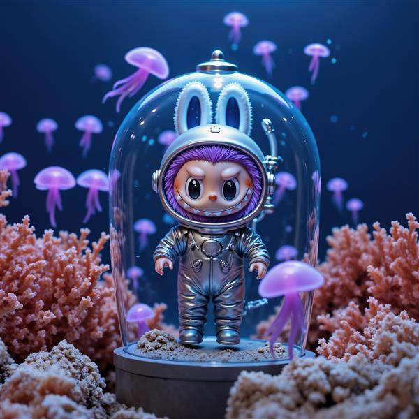 تصویر لبوبو فضانورد زیر دریا با چتر دریایی برای پوستر دکوراتیو ماورایی