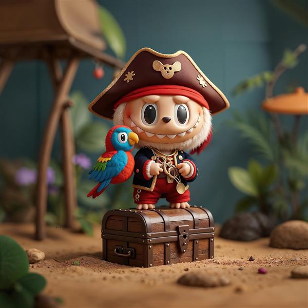 طرح لبوبو دزد دریایی و طوطی روی صندوق گنج برای تابلو اتاق کودک