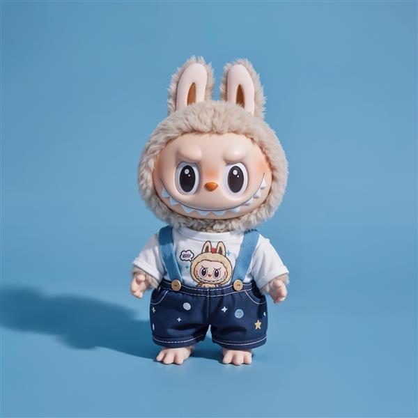 تصویر لبوبو بامزه با لباس پیش‌بندی آبی برای چاپ روی ماگ و لوازم کودک