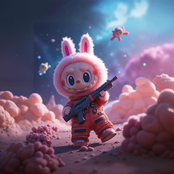 تصویر لبوبو فضانورد صورتی با لباس جنگی در فضای سیاره‌ای