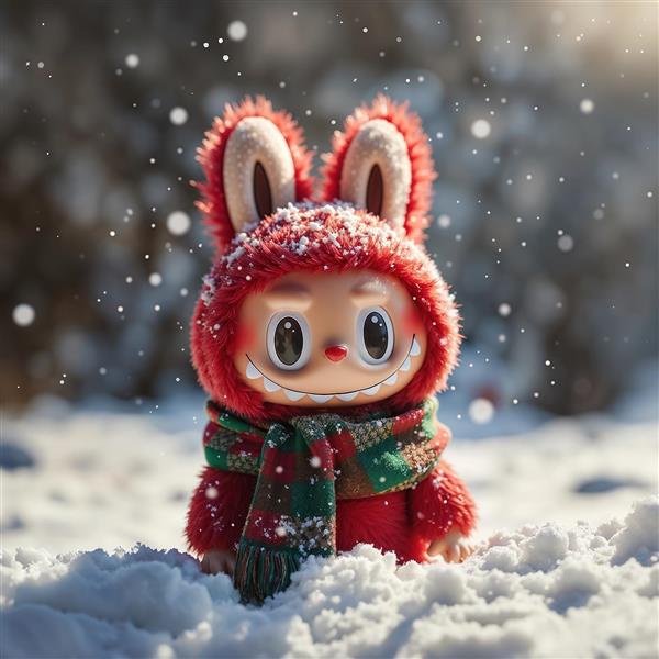 طرح فانتزی لبوبو قرمز در برف با شال‌گردن برای پوستر دیواری زمستانی