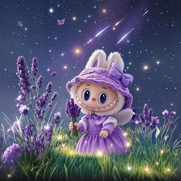 طرح لبوبو فرشته بنفش با گل اسطوخودوس برای روتختی و دکوراسیون اتاق خواب