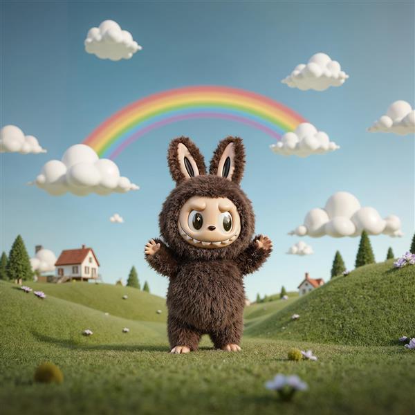تصویر لبوبو پشمالوی قهوه‌ای در مزرعه با رنگین‌کمان برای اتاق کودک