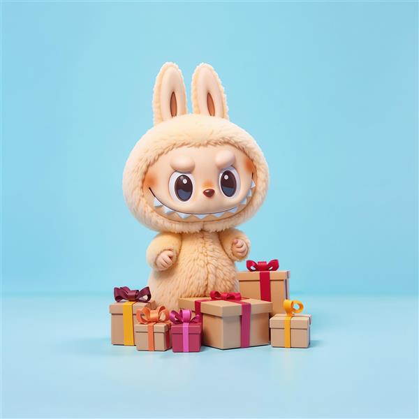 عکس فانتزی لبوبو کرم با جعبه‌های کادو برای پوستر و تابلو جشن تولد