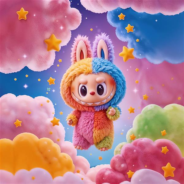 لبوبو رنگین کمانی فانتزی در میان ابرهای پاستلی برای دکور اتاق کودک