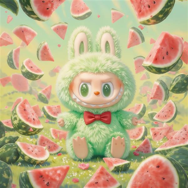 لبوبو فانتزی سبز با هندوانه برای پوستر دیواری اتاق خواب کودک