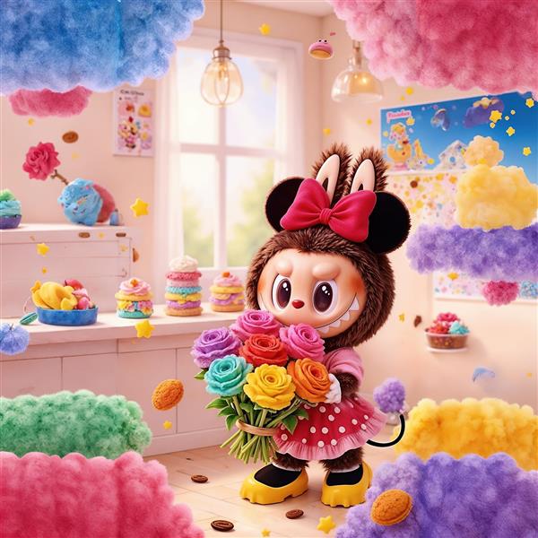 لبوبو میکی موس فانتزی با دسته گل برای چاپ روی ماگ و کوسن کودک