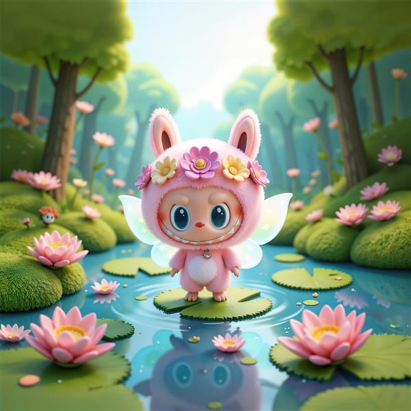 لبوبو صورتی فانتزی پری دریایی در برکه برای تابلو دکوراتیو کودک