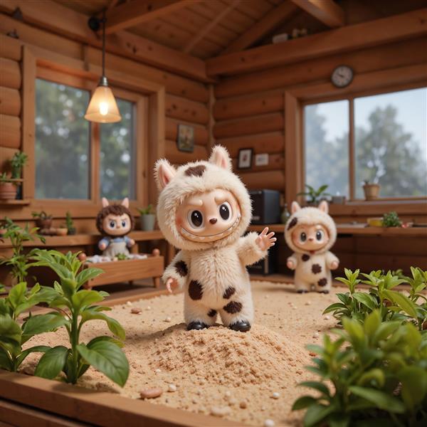 لبوبو گاو کارتونی در گلخانه برای چاپ روی کوسن و روتختی کودک