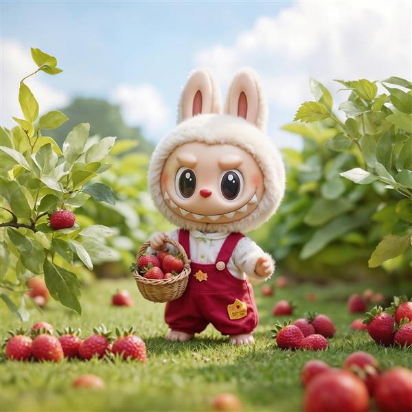 لبوبو کارتونی در حال چیدن توت فرنگی برای پوستر و پرده اتاق کودک