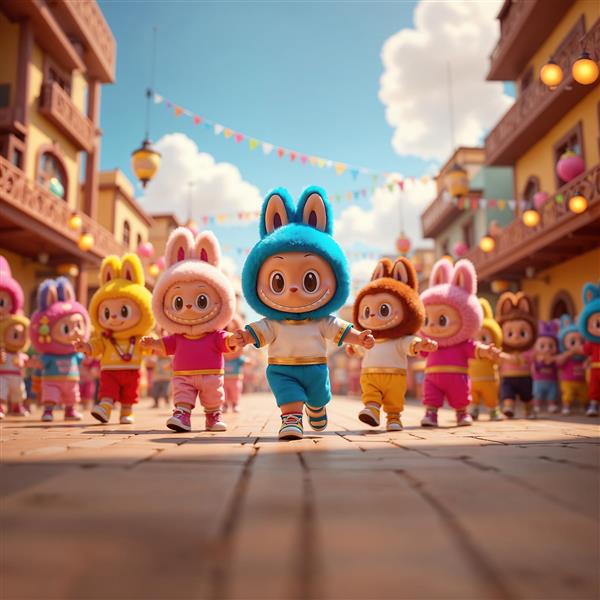 تصویر فانتزی گروه شخصیت لبوبو در جشن خیابانی برای پوستر و پرده شاد