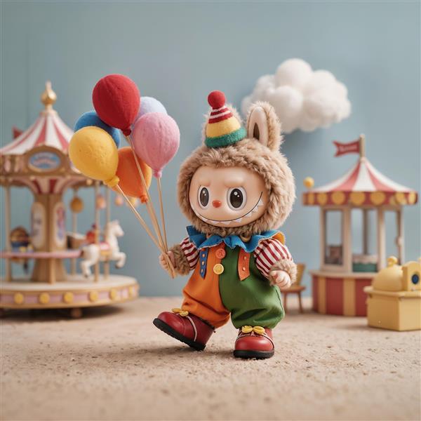 طرح فانتزی لبوبو با لباس دلقک و بادکنک برای پوستر اتاق کودک و پرده