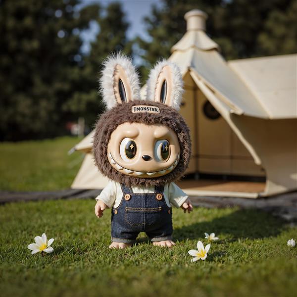 عکس شخصیت لبوبو با لباس آفرود در حال کمپینگ برای پوستر اتاق کودک